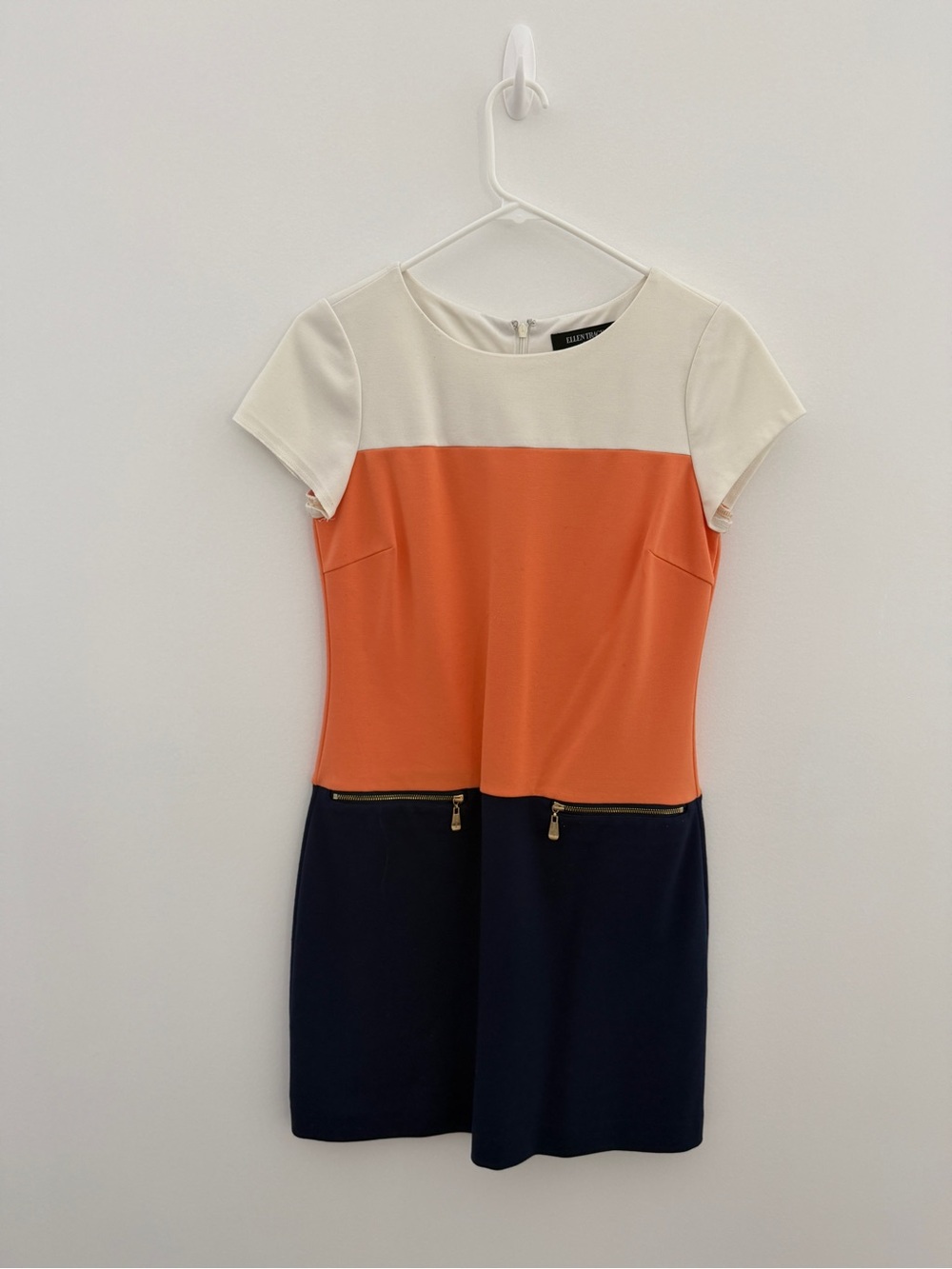 Ellen Tracy Cream, Orange & Navy Colorblock Short Sleeve Dress